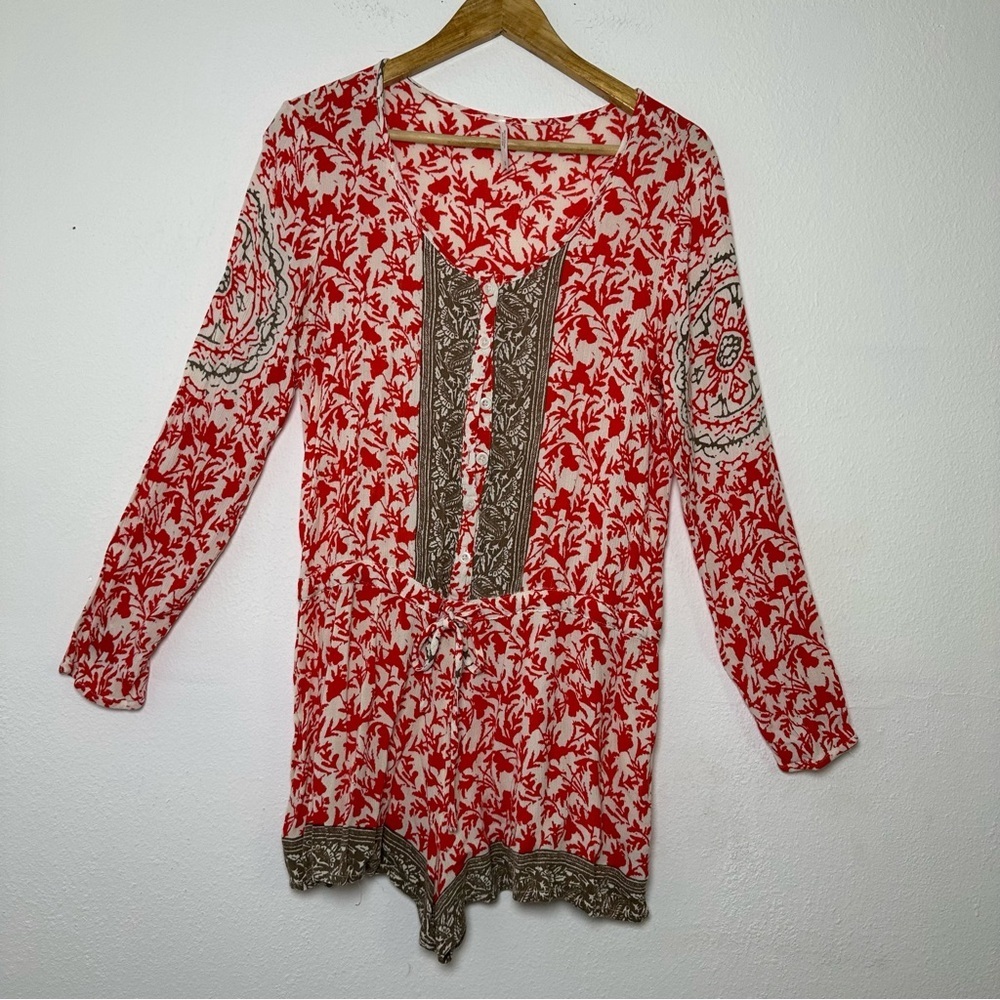 Free People Gardenia Combo Red White Floral Medallion Print Resortwear Romper - Picture 3 of 15